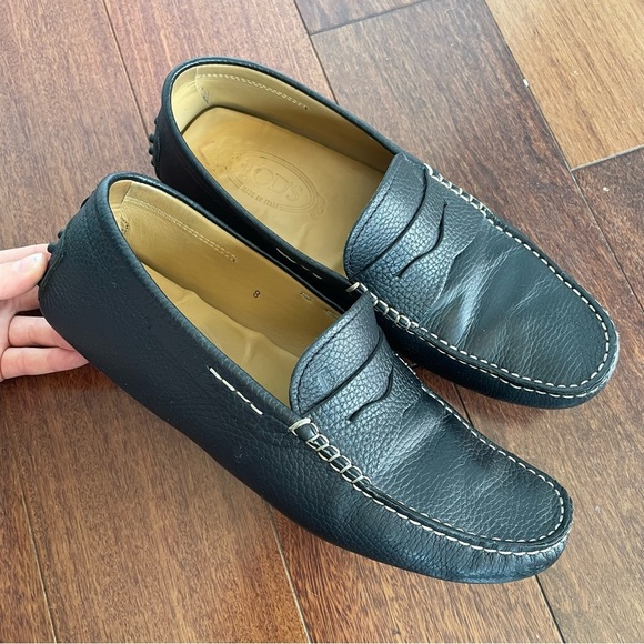 TOD’S Mens Black Pebbled Leather Penny Loafers Slip On Shoe Size 9 US - Picture 1 of 10
